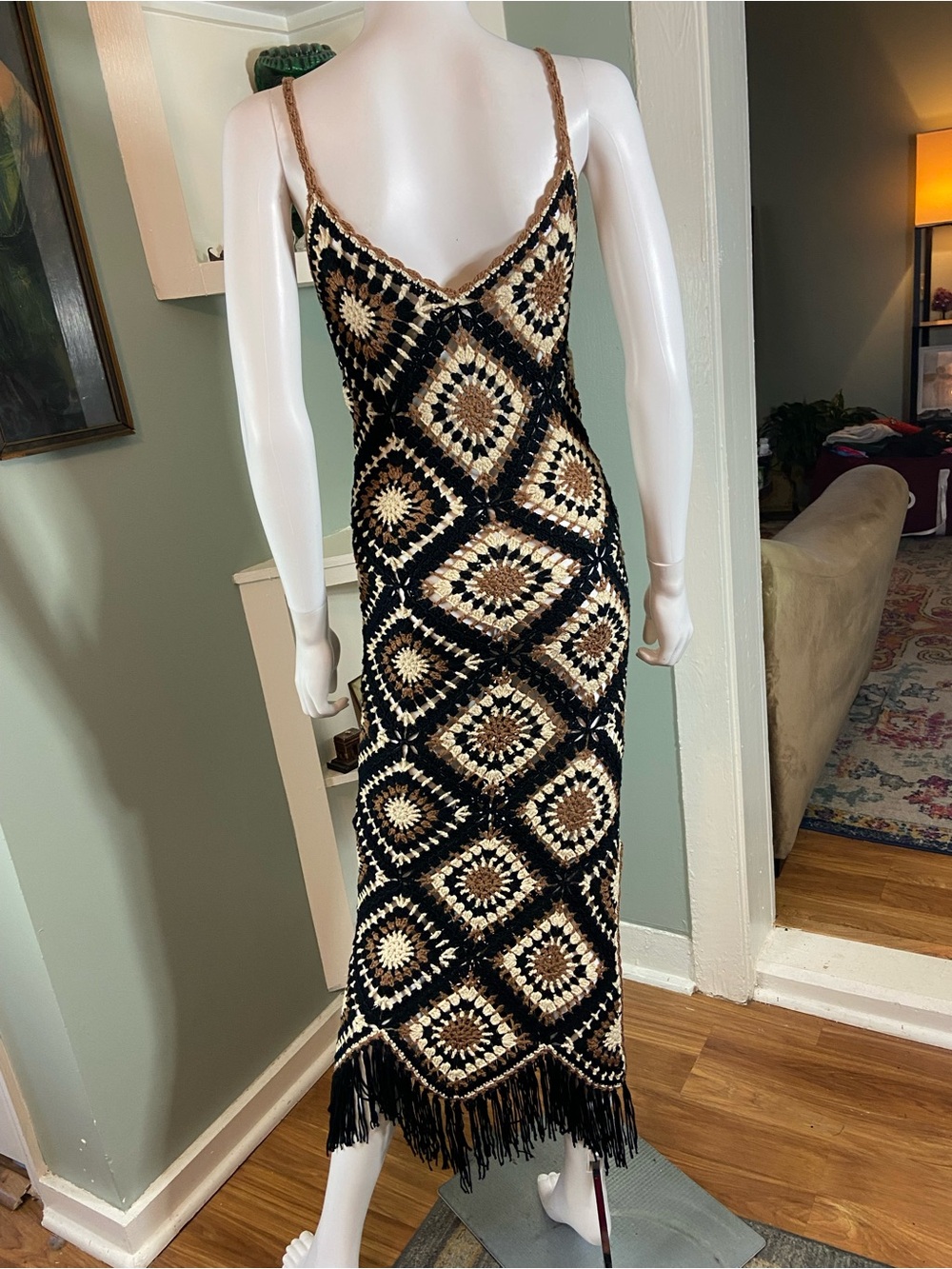 Elan Crochet Aleki Granny Square Fringe Slip Maxi Dress Sheer Coverup Small [TE] - Picture 7 of 13